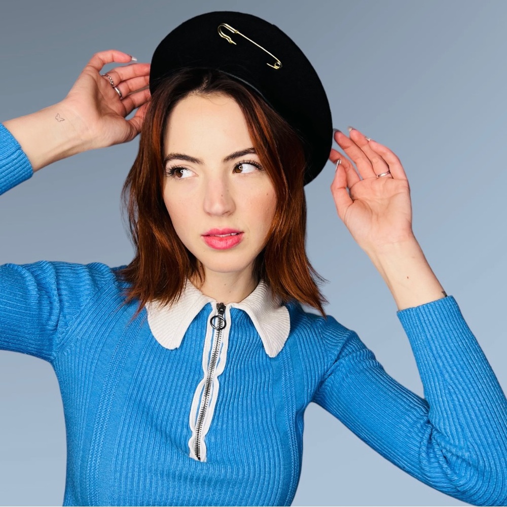 Black Beret with Gold Pin and Long Velvet Bow